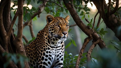 A leopard concealed in the canopy's embrace, waiting silently among tree branches high above, stalking prey with stealth in the treetops.
