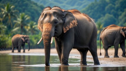 Fototapeta premium Borneo Elephant In Sabah with Empty Copy Space For Text