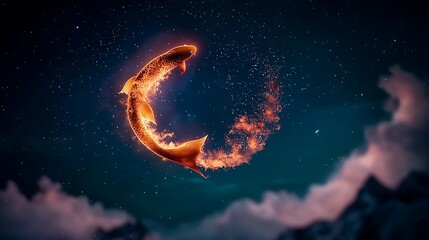 Naklejka premium A luminous fish gracefully leaps through a starry night sky, surrounded by ethereal clouds
