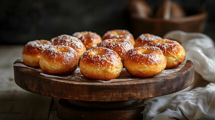 Delicious homemade donuts with powdered sugar recipe for breakfast or sweet dessert treat on wooden stand