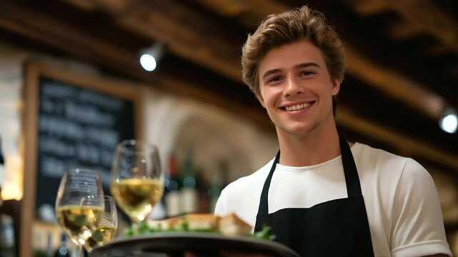 A cheerful waiter serving tapas and txakoli wine at a cozy tavern