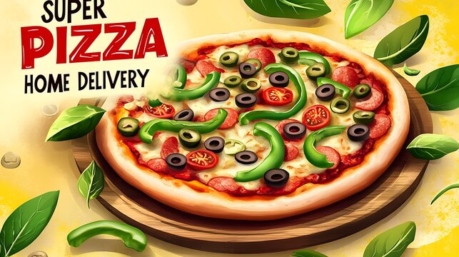 Delicious pizza topped with various toppings on a wooden board. - Powered by Adobe