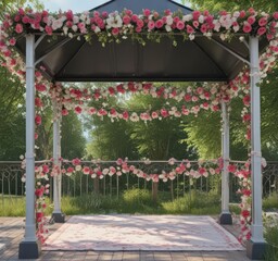 Pink & white floral bunting adorns a metal gazebo outdoors , elegant, white, gazebo
