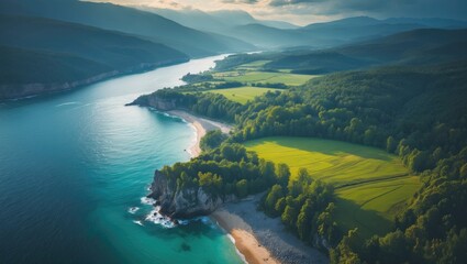 Obraz premium Aerial Summer Beautiful View Of Near coastline with river, lush green fields, and forested hills. Nature scenery, landscape, and outdoor tranquility.