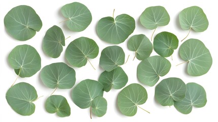 Fresh, round leaves artfully arranged on white background.