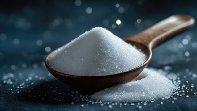 A tablespoon of white sugar. Concept for healthy living. Close up with selective focus.