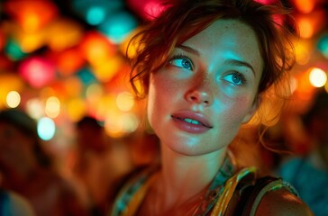 Young woman in vibrant night market lights.