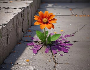 A vibrant flower emerges from a fractured concrete slab, showcasing resilience , image, stone, crevice