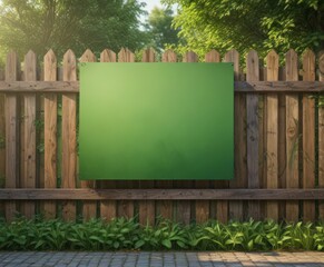 Realistic outdoor poster on fence, green backdrop,  spring,  photo