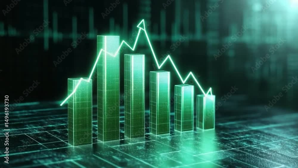 Poster abstract data visualization with green 3d graphs and digital background for finance and technology c