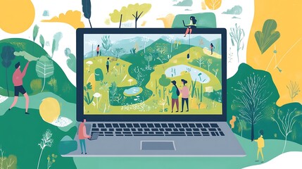 Virtual Hiking Laptop Nature Scene.