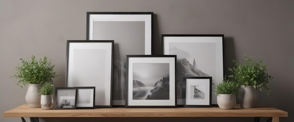 Stylish photo frame arrangement, various sizes and shapes, home decor mockup,  home decor mockup,  decor element,  home staging