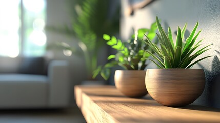 Fototapeta premium Indoor plants on a wooden shelf in a living room.