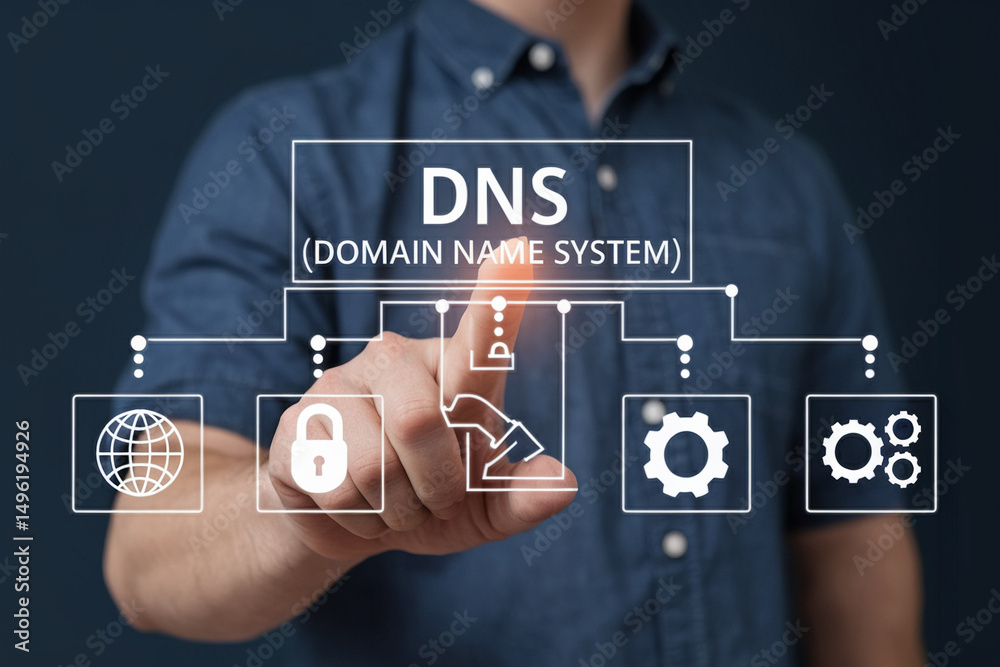 Poster A person interacting with a dns domain name system interface on a digital screen display setup