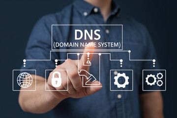 A person interacting with a dns domain name system interface on a digital screen display setup