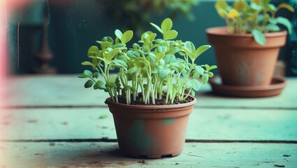 Baby plants in a flowerpot with empty space for text.