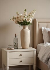 Elegant bedroom, beige nightstand, floral bottle vase ,  beige,  flowers,  nightstand