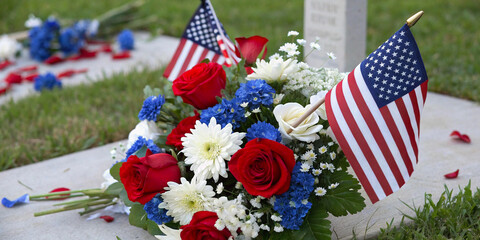 Patriotic Flower Arrangement with American Flag