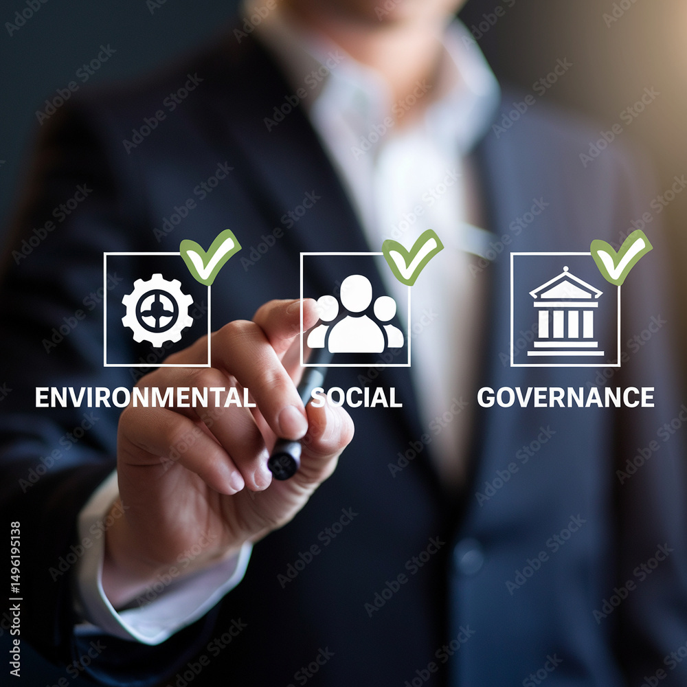 Poster Man in suit pointing at environmental social governance icons with check marks on a dark background