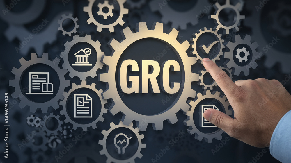Poster gears with grc text and icons representing governance risk compliance with a hand touching a gear