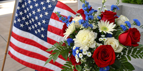 Patriotic Flower Arrangement with American Flag