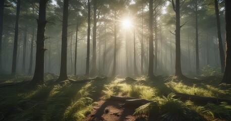 Luminous sun rays illuminate a vast, tranquil forest scene ,  atmosphere,  picturesque,  outdoor