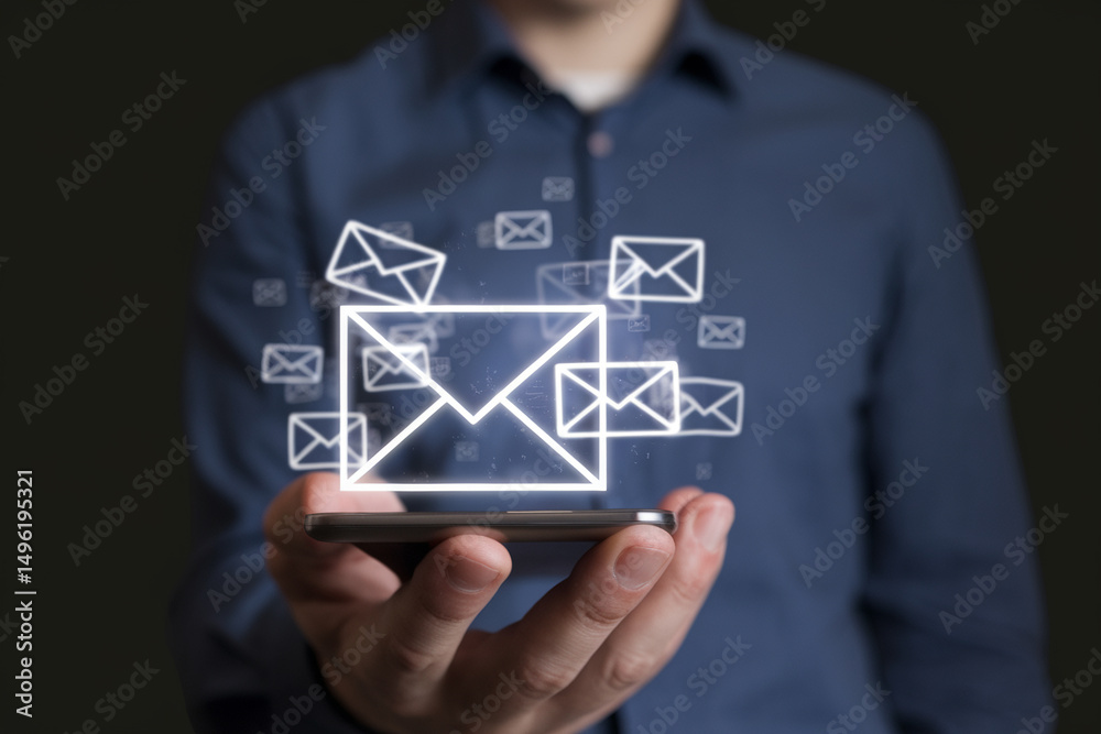 Poster person holding a phone with email icons floating above it against a dark background in studio shot