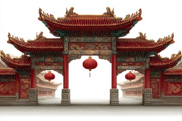 Fototapeta premium Traditional Architecture with Ornate Red Lanterns and Intricate Roof Design