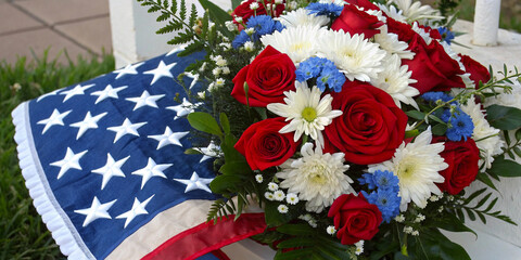 Patriotic Flower Arrangement with American Flag