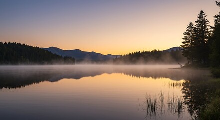 Obraz premium Tranquil Mountain Lake at Sunrise with Mist and Reflective Water in Cinematic Light