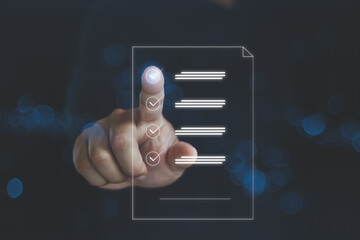 Audit business concept. Checklist auditing accounts within the organization. Policy procedure document data system report HR technology businessman checking white document report paper of files icon.