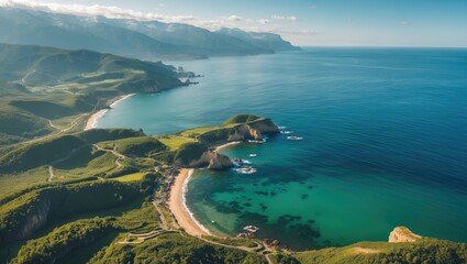 Fototapeta premium Aerial view of scenic coast with open space for text