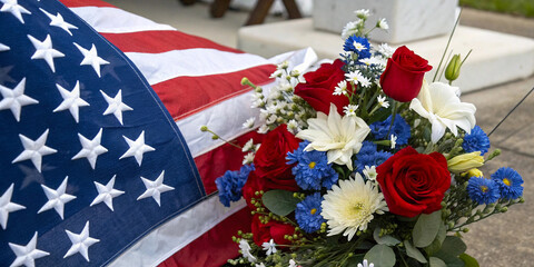 Patriotic Flower Arrangement with American Flag