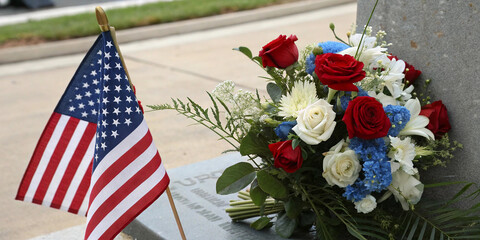 Patriotic Flower Arrangement with American Flag