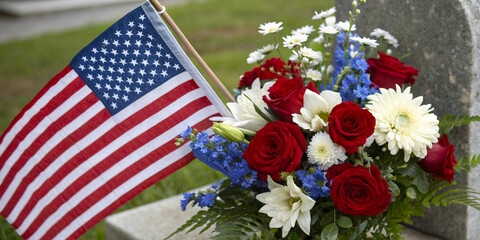 Patriotic Flower Arrangement with American Flag
