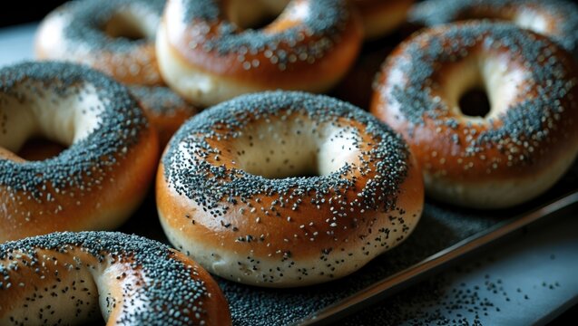 A collection of bagels topped with poppy seeds.