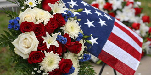 Patriotic Flower Arrangement with American Flag