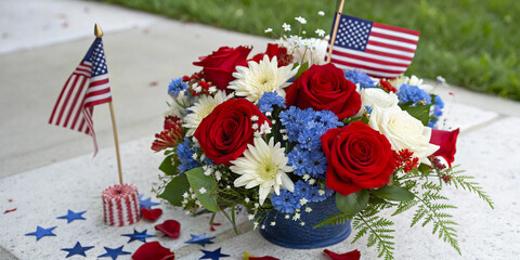 Patriotic Flower Arrangement with American Flag