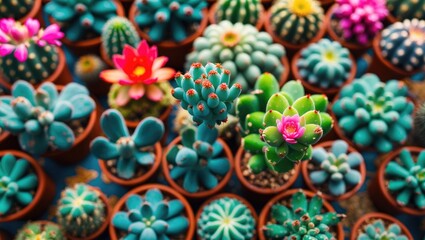 Colorful and beautiful cactus or succulents in the pot pattern background with selective focus and empty copy space for text.