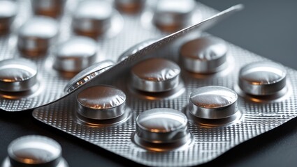 A blister pack of pills, partially open, showing several silver-colored tablets on a background. The blister pack is isolated.