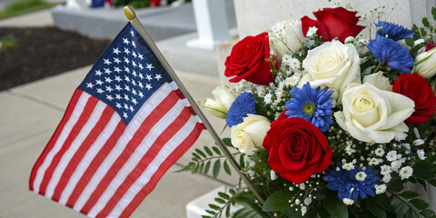Patriotic Flower Arrangement with American Flag