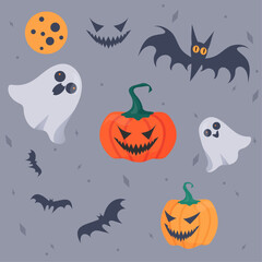 Halloween vector elements set with pumpkin, bat, ghost characters. Holiday vector illustration, elements for design, pattern, clip art.
