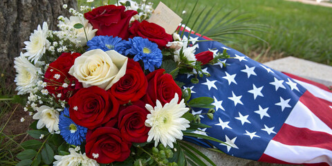 Patriotic Flower Arrangement with American Flag