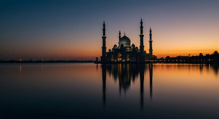 Naklejka premium Mosque, Sunset, Sunrise, Majestic Mosque at Sunset, Reflection in Calm Water