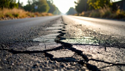 Obraz premium Close-up photography of cracked and uneven road surfaces, dusty atmosphere, roads in poor condition