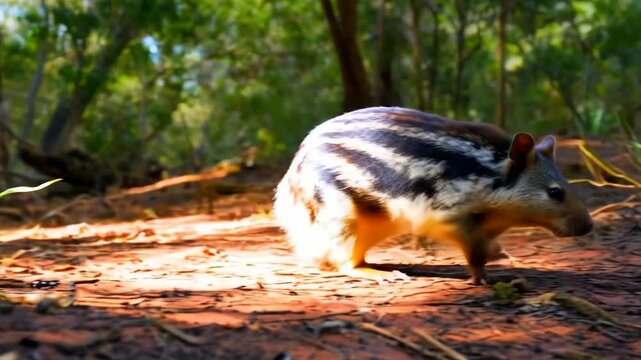 Quoll-like animal with spotted patterns searching for food on the forest floor, walking through the foliage, Australian wildlife