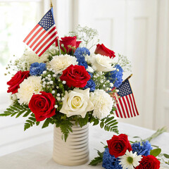 Patriotic Flower Arrangement with American Flag