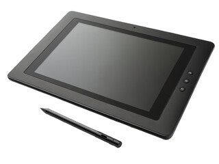 Black tablet with stylus pen isolated on transparent background
