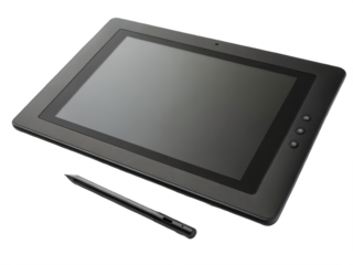 Black tablet with stylus pen isolated on transparent background