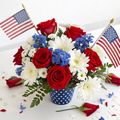 Patriotic Flower Arrangement with American Flag